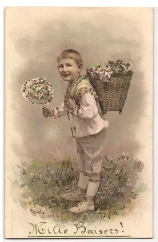 Glitzer-Perl-AK Lächelnder Junge mit Blumenkorb und Glitzer-Perlen