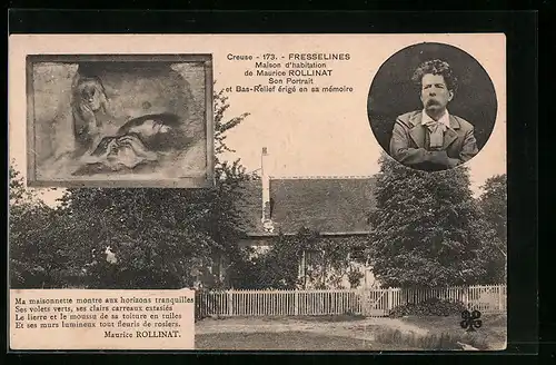 AK Fresselines, Maison de Maurice Rollinat, son Portrait et Bas-Relief érigé en sa mémoire