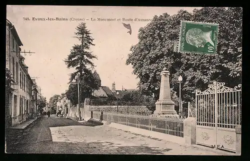 AK Evaux-les-Bains, Le Monument et Route d`Auzances