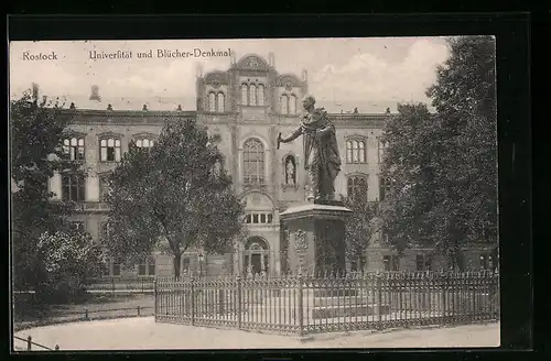 AK Rostock, Universität und Blücher-Denkmal