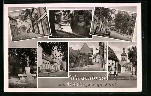 AK Wiedenbrück, Mönchstr. mit Klosterbogen, Marktplatz mit Pfarrkirche