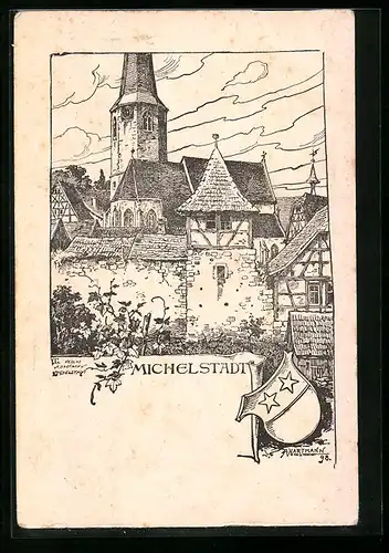 Künstler-AK Michelstadt, Ortspartie mit Fachwerkhäusern und Kirche