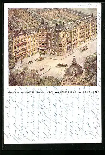 Künstler-AK Wiesbaden, Hotel und Kochbrunnen-Badhaus Schwarzer Bock