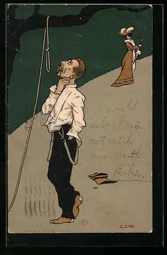 Künstler-AK Geschröpfter Mann mit Löchern in den Socken hat sich eine Schlinge gebastelt, Scherz
