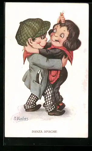 Künstler-AK sign. J. Ibanez: Danza Apache, Paar beim innigen Tanz