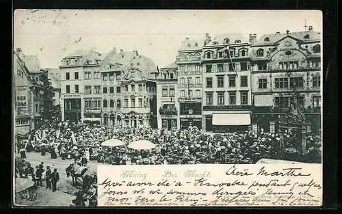 AK Mainz, Markt mit Marktständen, Pferdegespann