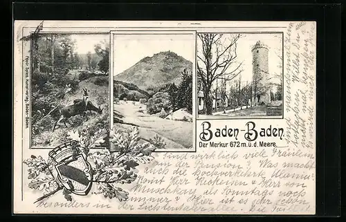 AK Baden-Baden, Idyllische Landschaft mit Turm und Wappen