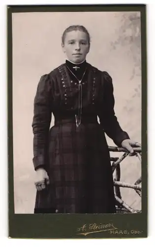 Fotografie A. Steiner, Haag, Obb., Junge Frau im karierten Kleid mit Halsbrosche