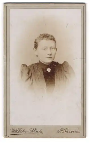 Fotografie Wilhelm Schulz, Perleberg, Wittenbergerstrasse 12, Blonde Dame mit kurzen Locken und Brosche