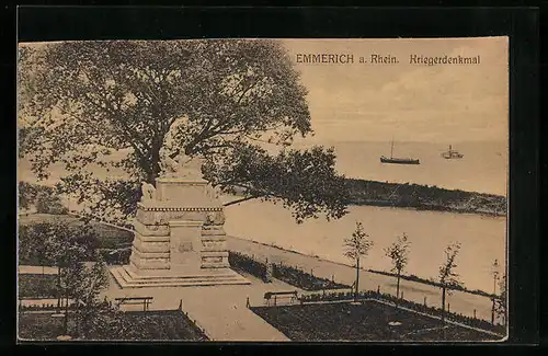 AK Emmerich a. Rhein, Flusspartie mit Kriegerdenkmal
