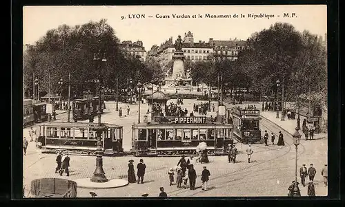 AK Lyon, Cours Verdun et le Monument de la Republique, Strassenbahn