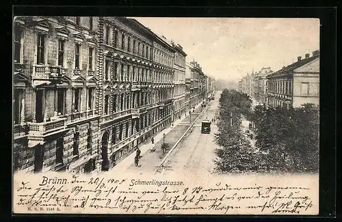 AK Brünn, Schmerlingstrasse mit Strassenbahn