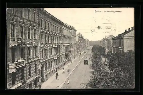 AK Brünn, Strassenbahn in der Schmerlingstrasse