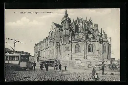 AK Eu, Eglise Notre-Dame, Strassenbahn