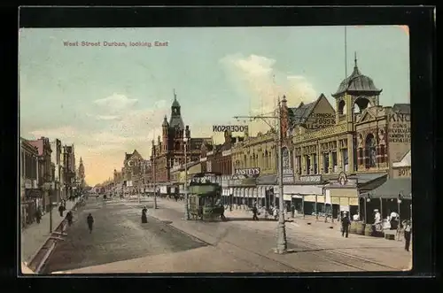 AK Durban, West Street looking East, Strassenbahn mit Geschäftsstrasse