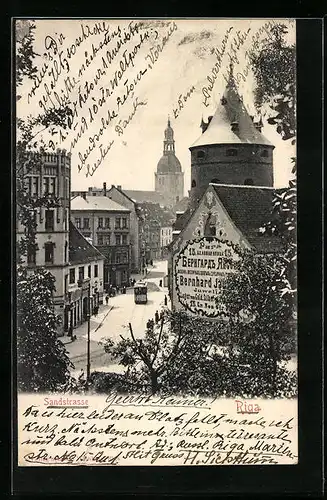 AK Riga, Ortsansicht mit Strassenbahn in der Sandstrasse
