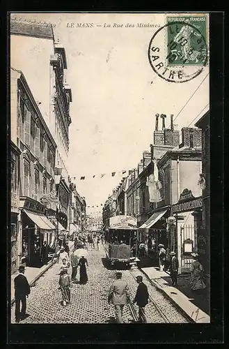 AK Le Mans, La Rue des Minimes, Strassenbahn