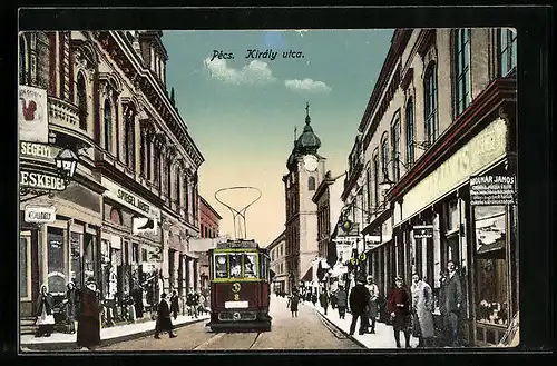 AK Pécs, Kiraly utca, Strassenbahn