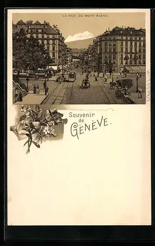 Lithographie Geneve, La Rue du Mont Blanc, Strassenbahn