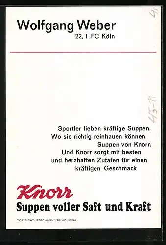 AK Fussballspieler Wolfgang Weber im Alter von 22 im Trikot des 1. FC Köln