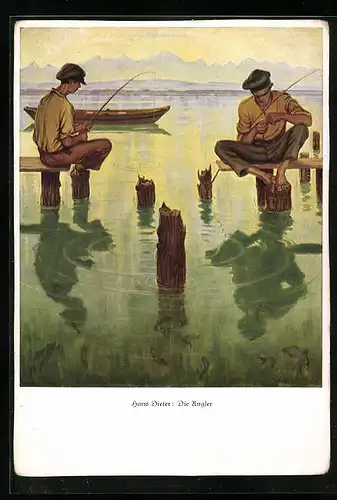 Künstler-AK Zwei Männer beim Angeln