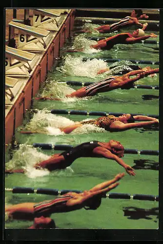 AK Mexico, 1968, Wassersport, 200 m Rücken Start der Frauen