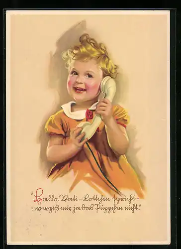 AK Hallo Vati - Lottchen spricht - vergiss mit ja das Püppchen nicht, Mädchen am Telefon