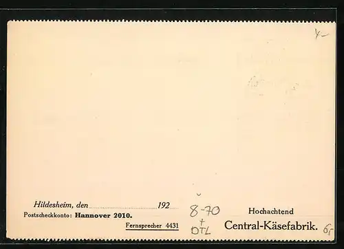 AK Hildesheim, Central-Käsefabrik, Feinster Hand-Käse
