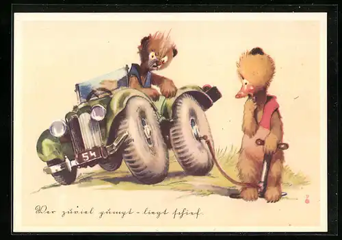 Künstler-AK Fahrer eines Automobils bei einer Autopanne