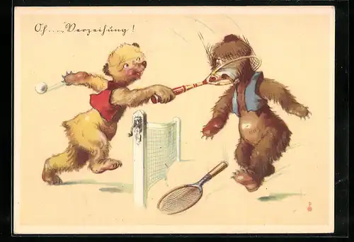 AK Oh..., Verzeihung!, Scherz, Teddies spielen Tennis