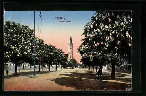 AK Plattling, Ludwigsplatz mit Kirche