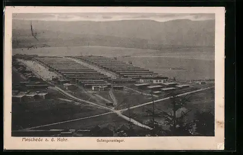 AK Meschede /Ruhr, Gefangenenlager mit Strassenkreuzung aus der Vogelschau