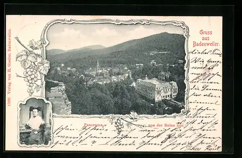 Passepartout-AK Badenweiler, Panorama von der Ruine aus, Frauenportrait, rückseitig Lebensretter-Statue