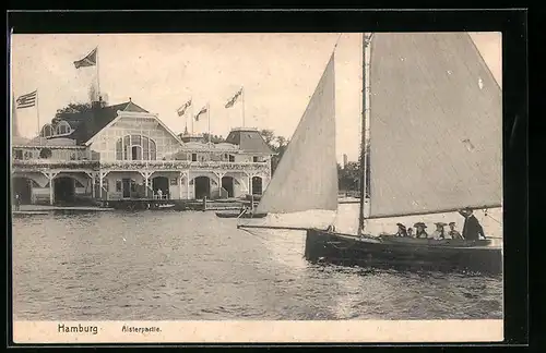 AK Hamburg-St.Georg, Alsterpartie mit Segelboot und Gasthof Alsterlust