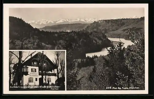 AK Baierbrunn b. München /Isartal, Bahnhofsrestaurant, Panorama