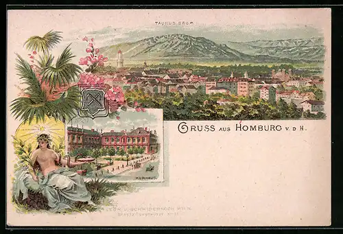 Lithographie Homburg v. d. H., Ortsansicht mit Taunus und Kurhaus