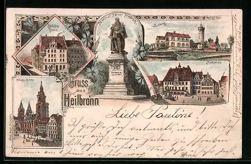 Lithographie Heilbronn, Käthchen Haus, Marktplatz, Kilians-Kirche