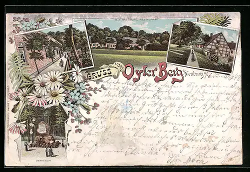 Lithographie Oyler Berg b. Nienburg, Restaurant W. Strassburg, Denkstein und Wassermühle