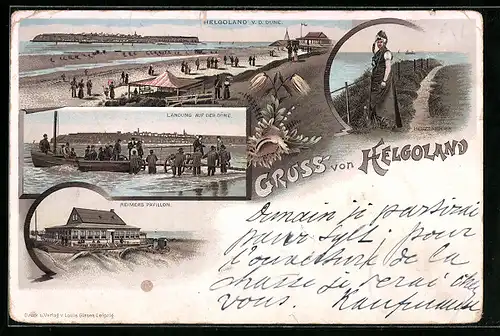 Lithographie Helgoland, Restaurant Reimers Pavillon, Landung auf der Düne