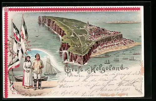 Lithographie Helgoland, Ortsansicht aus der Vogelschau, Helgoländer und Fahnen