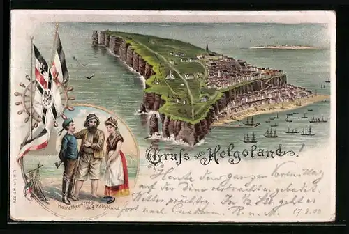 Lithographie Helgoland, Blick auf die Insel