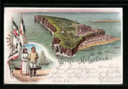 Lithographie Helgoland, Ortsansicht aus der Vogelschau, Helgoländer und Fahnen