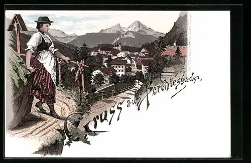 Lithographie Berchtesgaden, Ortsansicht mit Kirche und Dame in Tracht