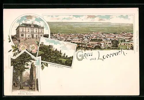 Lithographie Loerrach, Schloss Rötteln und Rittersaal