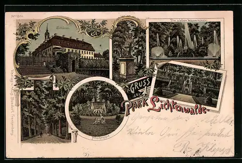 Lithographie Lichtenwalde, Schloss, Freitreppe, Die sieben Wasserkünste