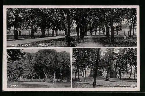 AK Löwenberg i. Mark, Dorfaue, Kirche und Kriegerdenkmal