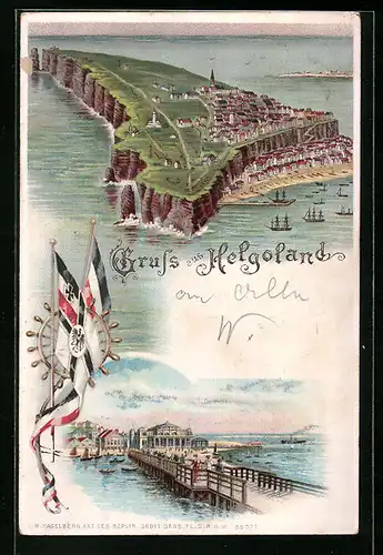 Lithographie Helgoland, Inselpanorama, Seebrücke, Leuchtturm und Strandhotels bei Beleuchtung