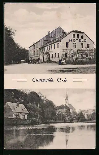 AK Cunewalde, Hotelo, Wasserpartie mit Kirche