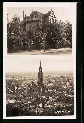 AK Freiburg i. Br., Stadtpanorama, Strassenpartie mit einem prächtigem Gebäude