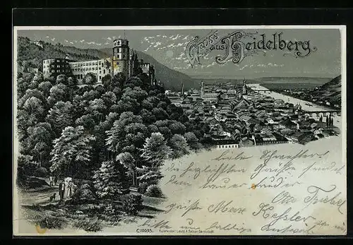Mondschein-Lithographie Heidelberg, Schloss und Ort bei Nacht